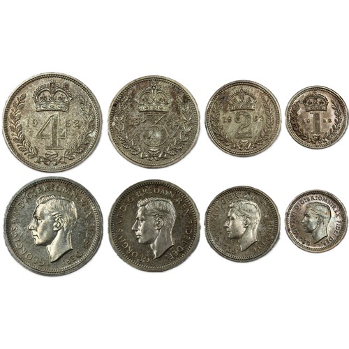 149 - 1952 Maundy set, George VI. O. bare head right, R. crowned denominations dividing date. Much as stru... 