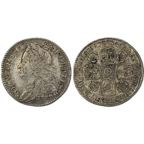 153 - 1745 Sixpence, George II. O. old laureate and draped bust, R. crowned cruciform shields, roses in an... 