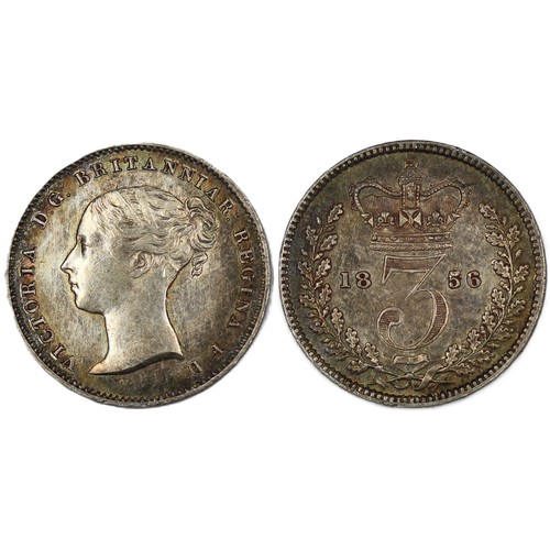133 - 1856 Threepence, Victoria. O. first young head left, R. crowned denomination dividing date. EF, scar... 