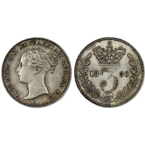 132 - 1850 Threepence, Victoria. O. first young head left, R. crowned denomination dividing date. gVF, sca... 