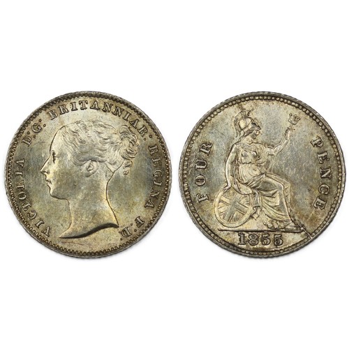 140 - 1855 Groat, Victoria. O. young head left, R. seated Britannia dividing FOUR PENCE. A delightful exam... 