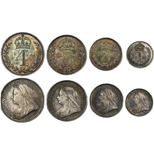 148 - 1901 Maundy Set, Victoria. Obv. old veiled head, rev. crowned denominations dividing date. An origin... 