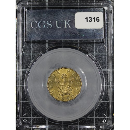 122 - 1946 Brass threepence, CGS 60, George VI. O. bare head left, R. thrift plant with date below. aEF, s... 