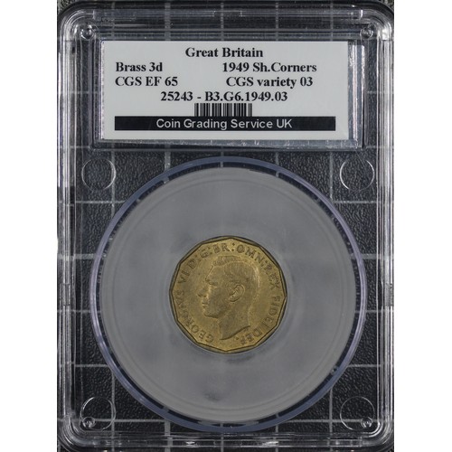 123 - 1949 Brass threepence, CGS 65, George VI. O. bare head left, R. thrift plant with date below. EF or ... 