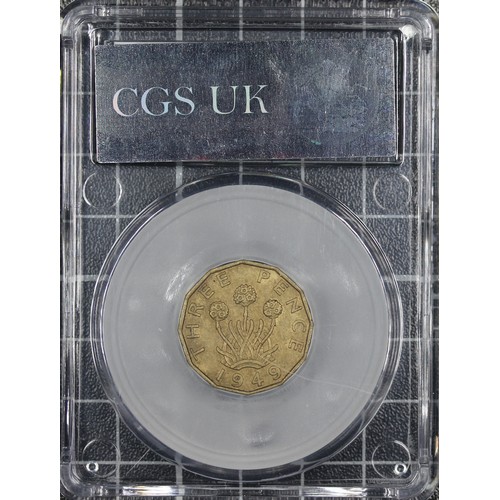123 - 1949 Brass threepence, CGS 65, George VI. O. bare head left, R. thrift plant with date below. EF or ... 