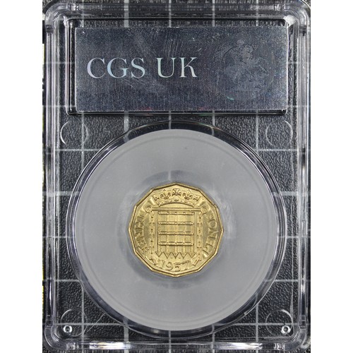 125 - 1957 Brass threepence, CGS 82, Elizabeth II. O. young laureate head right, R. crowned portcullis wit... 