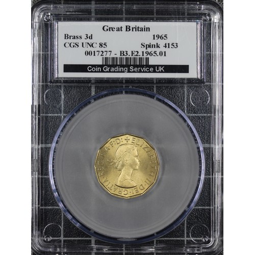 130 - 1965 Brass threepence, CGS 85, Elizabeth II. O. young laureate head right, R. crowned portcullis wit... 