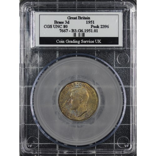 124 - 1951 Brass threepence, CGS 80, George VI. O. bare head left, R. thrift plant with date below. UNC. [... 