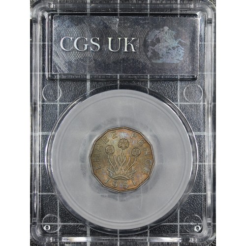 124 - 1951 Brass threepence, CGS 80, George VI. O. bare head left, R. thrift plant with date below. UNC. [... 