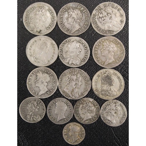 142 - A selection of maundy oddments (14) all 17th century early milled comprising 1678 4d, 1687/6 4d, 168... 