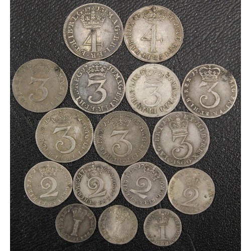 143 - A selection of maundy oddments (16) all early milled comprising 1713 4d, 1740 4d, 1710 3d (2), 1721 ... 