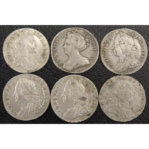 151 - A selection of early milled sixpence (6) comprising 1696 (VF), 1711 (aFine), 1746 LIMA (Fine), 1757 ... 