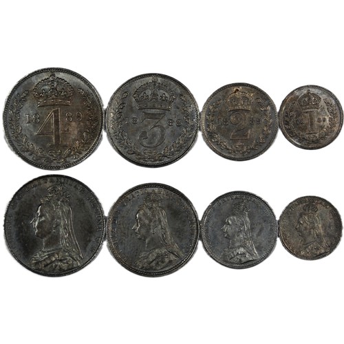 147 - 1889 Maundy Set, Victoria. O. jubilee head, R. crowned denominations dividing date. Deeply toned wit... 