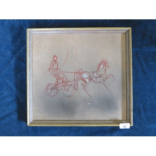 23 - A charcoal on board picture of horse and trap by Monica English. 40cm x 37.5cm