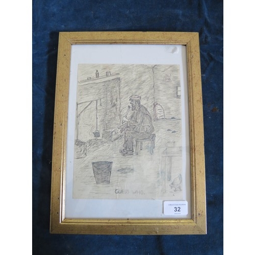 32 - A framed pen and ink drawing 'Guess Who - Robert Gardiner 1950's' by Tommy Campbell.