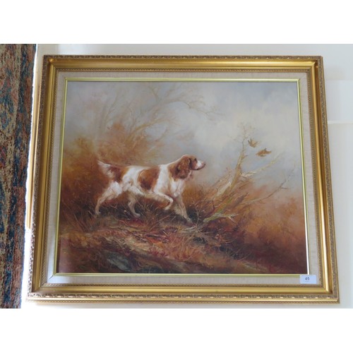 45 - A oil on canvas depicting spaniel signed Burnett, 75cm x 64cm overall.