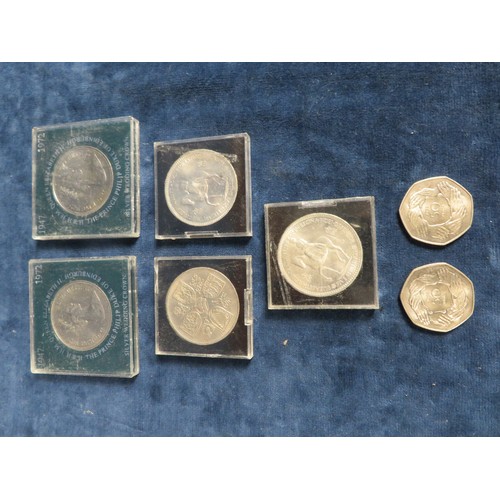 204 - Two silver Wedding Crowns and 3 Elizabeth II Five Shillings, and two 1973 Fifty pence pieces.