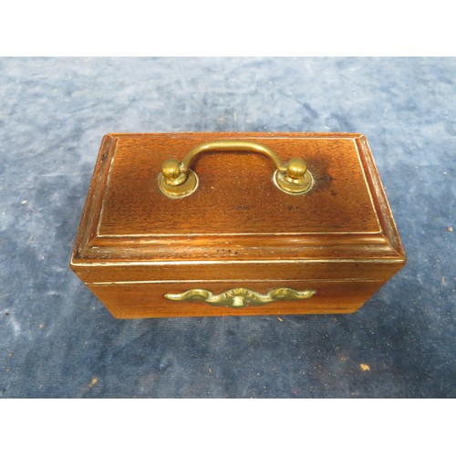 237 - A travelling writing set with 3 tin containers (one cap missing), in mahogany and brass box.