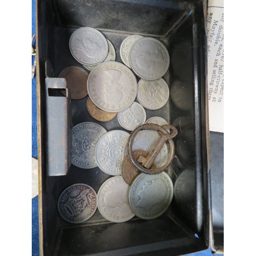 282 - A tin containing a quantity of 2 Shilling pieces, Half Crowns, a 1937 Coronation Medallion, a 1914-1... 