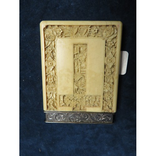 296 - An unusual 19th century oriental style bone calling card case with profusely carved floral and templ... 