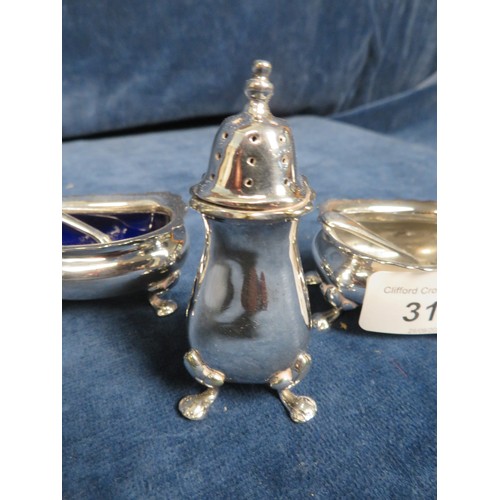 318 - A silver/plated condiment set comprising salt pot with blue glass liner, mustard pot (no glass liner... 