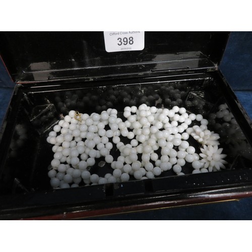 398 - A cash box containing a vintage white beaded 2-strand necklace and a pair of 