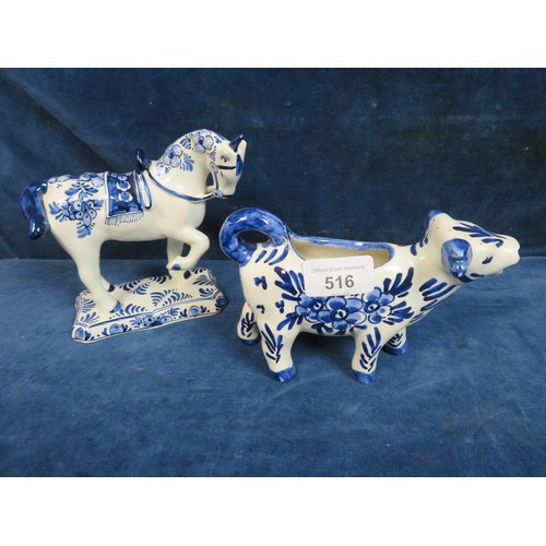 516 - A Delft Ware Unicorn (A/F) and a Delft Ware Cow Creamer.