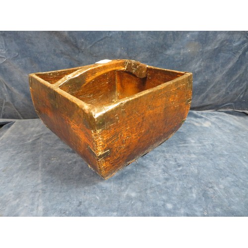 534 - An unusual vintage wooden carrying box with metal strapping being of square design, 31cm x 31cm x 23... 