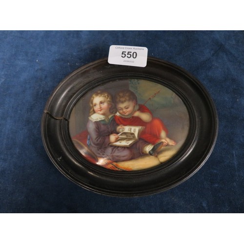 550 - An oval hand-painted plaque in wooden frame (A/F) depicting two children.