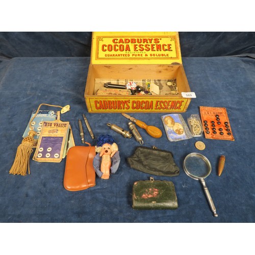 589 - A box of collectables including ARP whistle, brass weight, etc.,