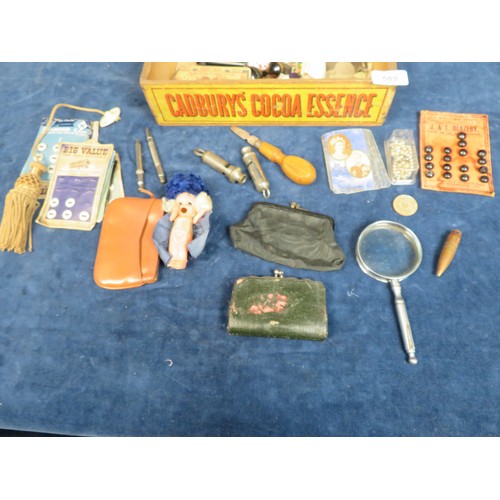 589 - A box of collectables including ARP whistle, brass weight, etc.,