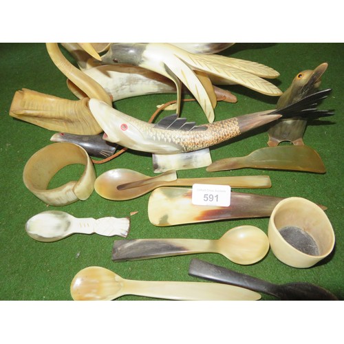 591 - A quantity (22) of horn/antler ornaments including spoons, bangle, animal figures, boat, etc.,