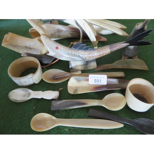 591 - A quantity (22) of horn/antler ornaments including spoons, bangle, animal figures, boat, etc.,