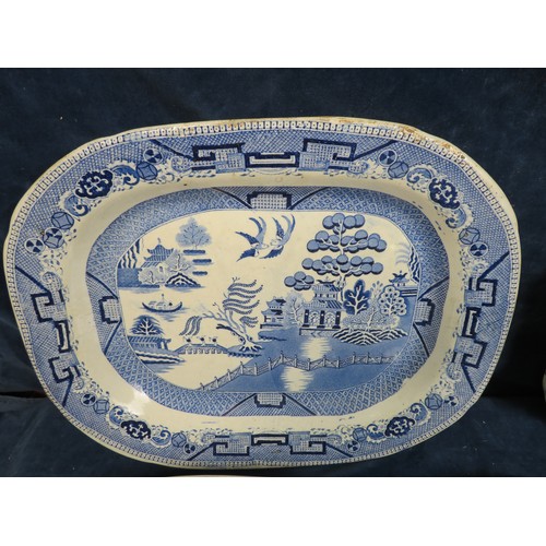 617 - Seven 19th century stoneware willow pattern platters and plates together with a 1959 llangowlen eist... 