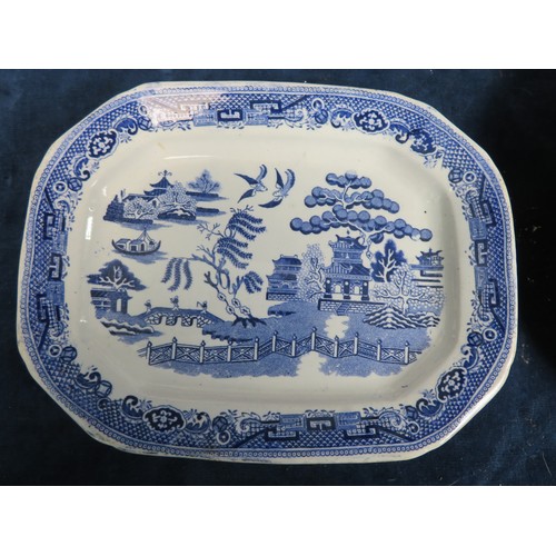 617 - Seven 19th century stoneware willow pattern platters and plates together with a 1959 llangowlen eist... 