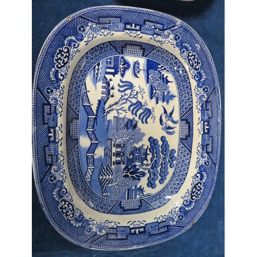 617 - Seven 19th century stoneware willow pattern platters and plates together with a 1959 llangowlen eist... 