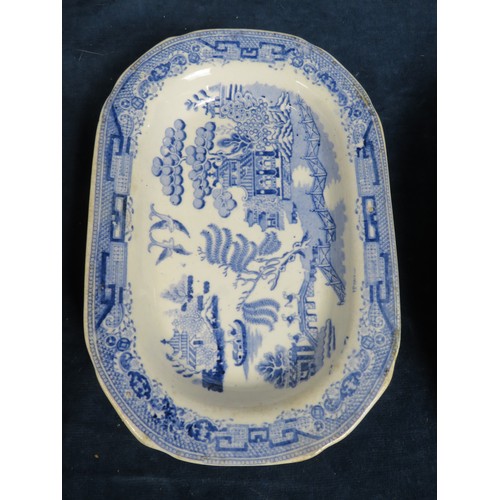 617 - Seven 19th century stoneware willow pattern platters and plates together with a 1959 llangowlen eist... 