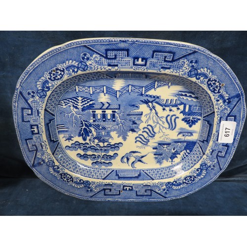 617 - Seven 19th century stoneware willow pattern platters and plates together with a 1959 llangowlen eist... 