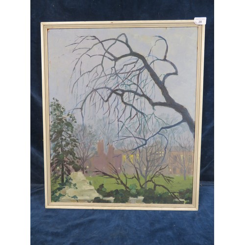 28 - A still life oil on board with oil on board of tree on reverse, signed by Day Shucker.