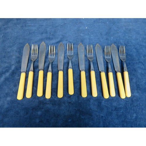 630 - A box containing 45 bone handled tea and dinner knives with 3 silver plated meat forks and 6 dessert... 