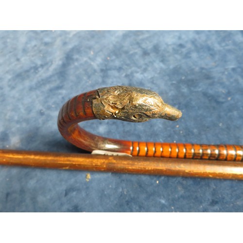 631 - A 19th century malaca walking cane with silver eagle head handle (poor condition), and a victorian b... 