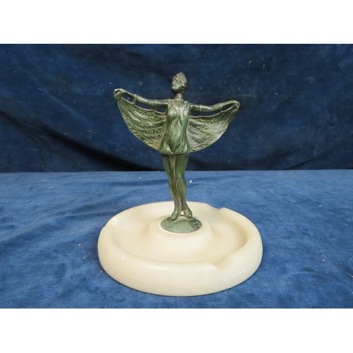 638 - A blue and white ginger jar with plain base, an Art Deco ashtray with winged goddess bronze figure, ... 