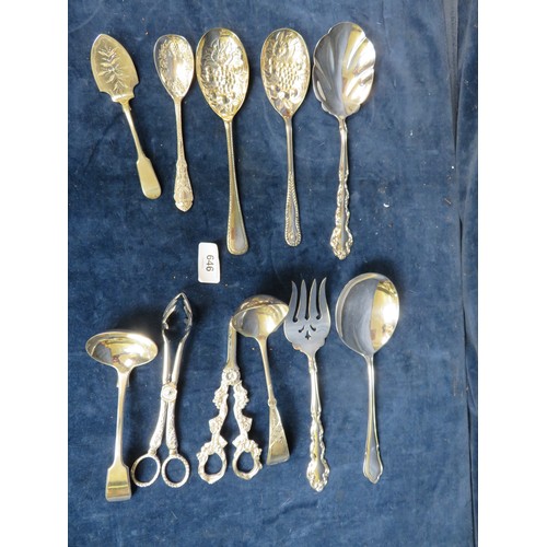 646 - A sundry lot of 10th century silver plated flat ware comprising a pair of embossed serving spoons, s... 