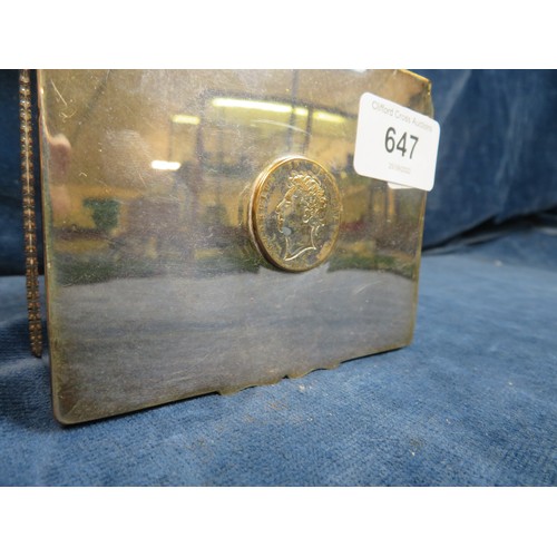 647 - A 20th century silver plated desk cigarette box inset with coin stamped 1821.