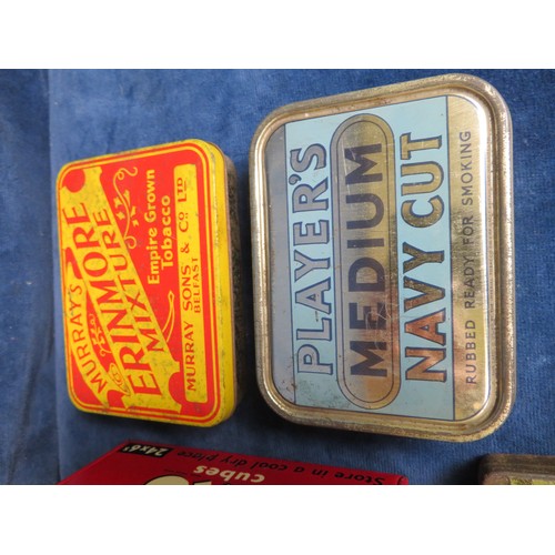 649 - Five 20th century tins being Oxo Cubes, Players Medium Navy Cut, Murrays Erinmore Mixture, Pine Tree... 