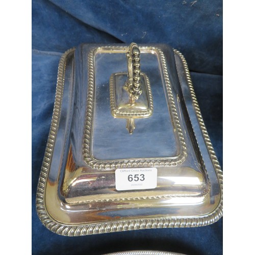 653 - A sundry silver plated items including entrée dish and cover, fruit basket with swag decoration and ... 