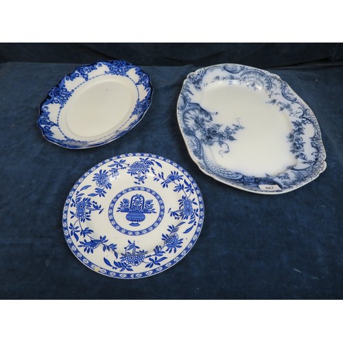 667 - Two meat platters and a blue and white plate A/F.