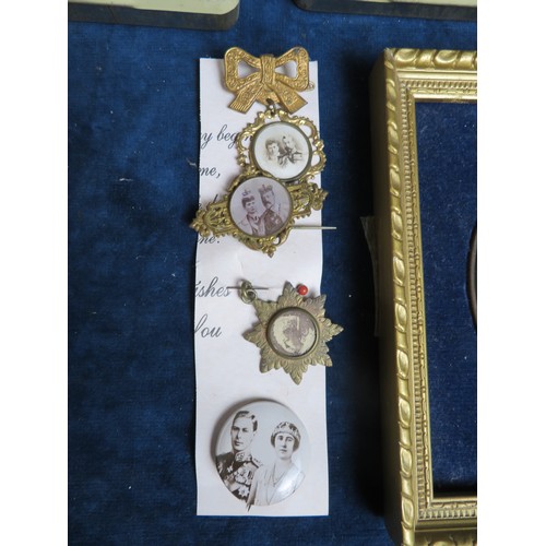 674 - A quantity of coronation brooches, tins, and other Royal memorabilia including two linen Union Jacks... 