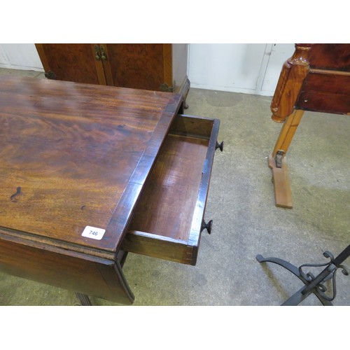 746 - An antique mahogany pedestal drop leaf table with single drawer on 4 splayed legs with brass claw fe... 