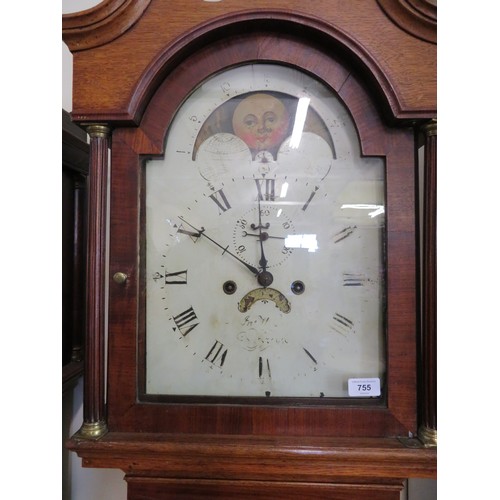 755 - An oak cased Grandfather Clock with hand painted Dial and Moon Roller.